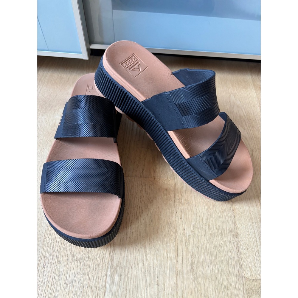 Reef Water Vista Higher Black Tan Double Strap Platform Slide Sandals 8 Flatform